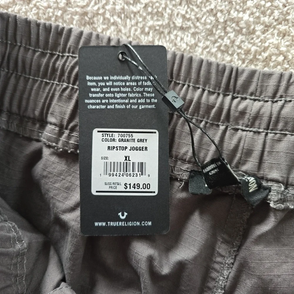 True Religion Ripstop Jogger Granite Grey Cargo Pockets Men's Pants Size XL NWT